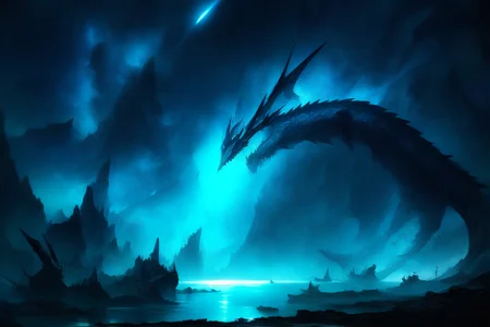 a desolate sea, black/blue theme, night sky, lone island, dragons flying in the sky, reflection in water, high definition, masterpiece, best quality, 4k, 2k, studio shadows, rim lighting, sharp focus, bokeh, extremely detailed CG unity 8k wallpaper, BREAK <lora:epi_noiseoffset2:0.75>, <lora:more_details:0.45>, <lora:FantasyLandscape:0.65>