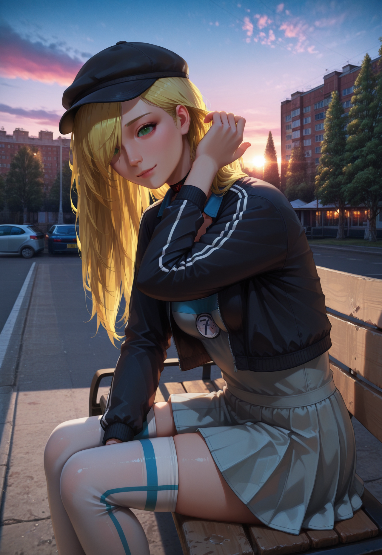 masterpiece, high quality, realism, realistic, cinematic lighting, boke, b4lt1k4, 1girl, solo, blonde hair, long hair, hair over one eye, green eyes, hat, choker, cropped black jacket, grey dress, thighhighs, looking at viewer, ebenya, building, city, trees, bench, sitting, sunset, evening, clouds, from side, light smile, adjusting hair,