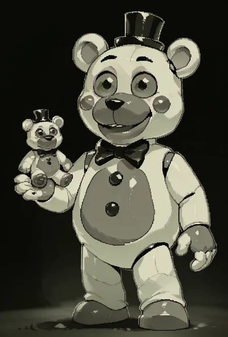 <lora:helpi-10:1> helpi, solo, top hat, bowtie, animal ears, mini hat, furry, .  teddy, animatronic, robot, toy ,  <lora:SpoiledMuffin_artist_monochrome_pixel_art_style:1> SpoiledMuffin, monochrome, pixel theme, gradient, dark background, masterpiece, best quality, amazing quality, very aesthetic, absurdres, newest,
