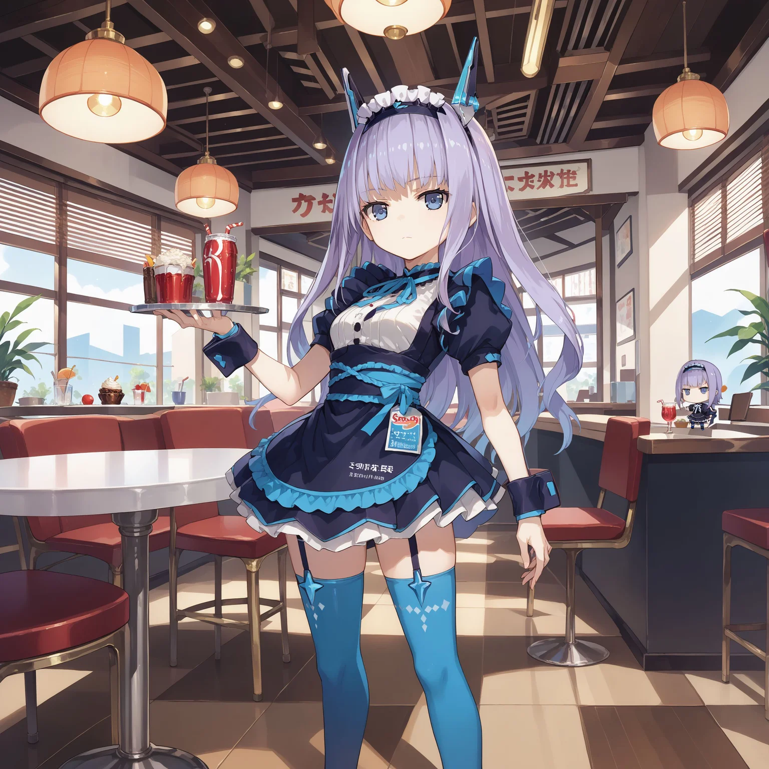 score_max, (score_9, score_8_up, score_7_up:1.2), score_6_up, official art,
masterpiece, absurdres, high detail, 8k,
cafe, ceiling light, partition, table, chair,
standing, soda, expressionless, (jitome:1.2),
chibi, ddpmaria, headgear, hairband, headdress, frills, neck ribbon, dress, short sleeves, wrist cuffs, black skirt, garter straps, blue thighhighs, heels
<lora:XL_Pony_gomaotsu-maria-t3:1.0>