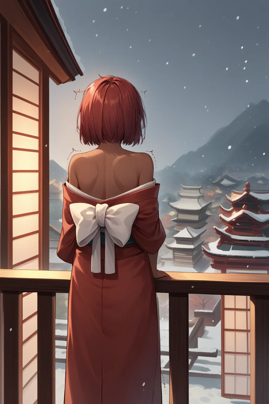 source_anime, score_9, score_8_up, 1girl, solo, <lora:NSMaruStardew:1> NSMaruStardew, red hair, medium hair, dark skin, glasses, red kimono, off shoulders, japanese buildings, balcony, from behind, trembling, snowing, covering
