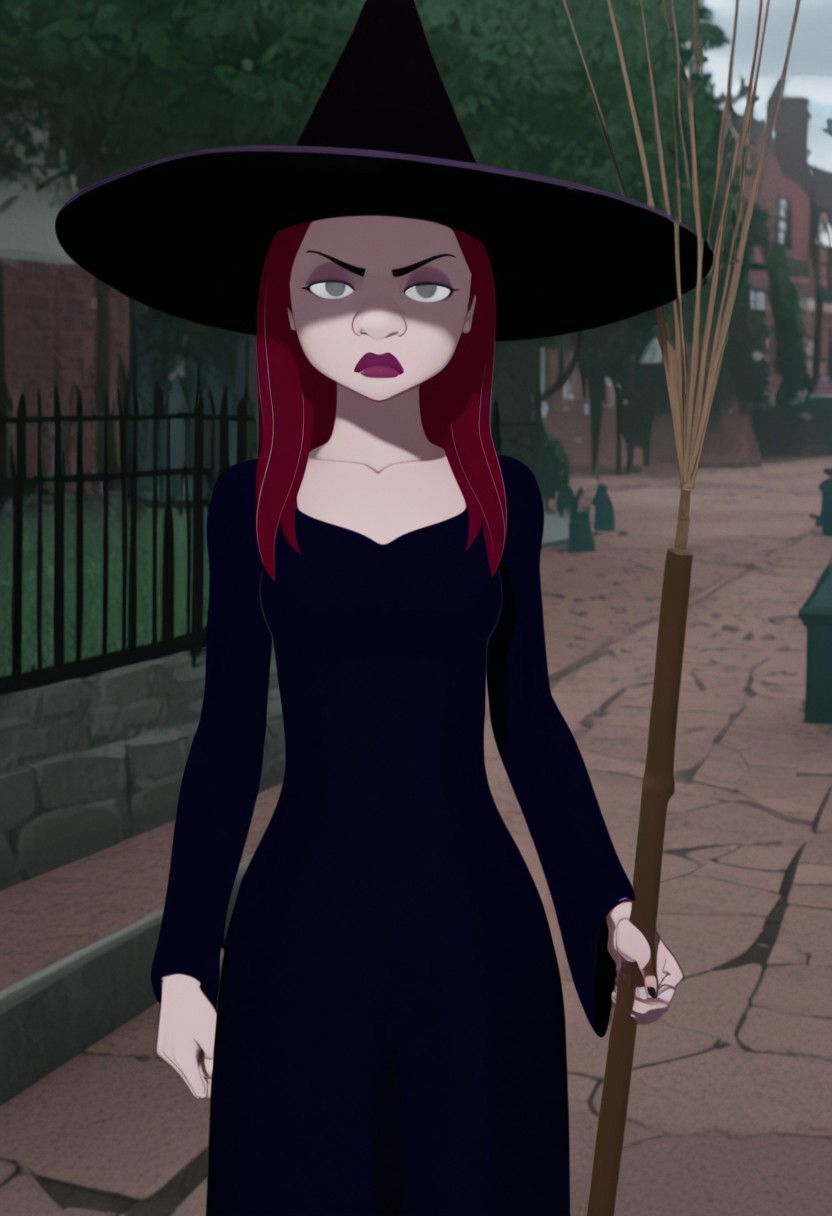 Gretchenw,1girl, red hair, grey eyes,lipstick, long hair, witch hat,black dress,outdoors, frown, looking at viewer, cowboy shot