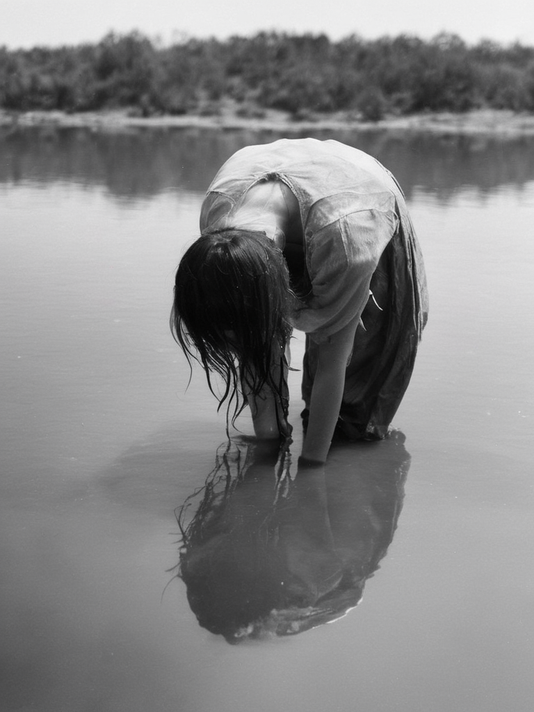 <lora:SDXL_feelings_Sa_May-v5:1> feelings, a woman is looking down at a water