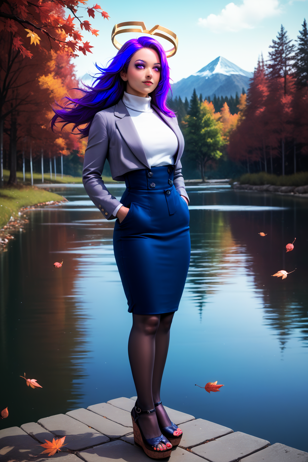 score_9, score_8_up, score_7_up, 1girl, source_anime, detailed, solo, 1RyS, heterochromia, purple eye, blue eye, horns, double halo, multicolored hair, purple hair, long hair, grey blazer, white turtleneck, high-waist skirt, blue skirt, pantyhose, hands in pocket, outdoors, autumn, lake, tree, mountain, falling leaves, wind, Wedge Heels, (Cork Wedges:1.3). Nail Polish, Toenail Polish.
