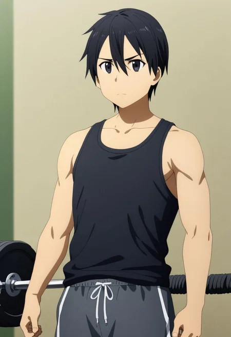 high resolution, professional photography, best quality, 1Boy, Kirigaya Kazuto, Black Hair, Black Eyes, overalldetail, Gym Boy, tank top, shorts, exercise, gym
