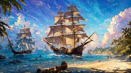 (young redhead pirate woman), ((oil paint) portrait), (parrot:1.2), sharp focus, (ultradetailed), (standing), (happy) smile, pirate (ship galleon:1.2,  hoop earrings, gold medallion, Purple pirate clothes, pirate hat, hips,  pirate (village), leafy beach coast, (treasure chest with coins, gems and jewels:1.2), (rum barrel), best quality masterpiece,  bright sunny sky, backlight, natural lights, high contrast, hdr, shadows, pretty, beautiful, feminine, sexy, adorable, lovely, in love, (PirateDiffusionprt:0.5),  <lora:Pirate:0.3>  PrateT  <lora:PirateRealms:0.3> <lora:Detail Tweaker LoRA add_detail:0.8> <lora:depth_of_field_slider_v1:5> <lora:SDXLrender_v2.0:0.9>