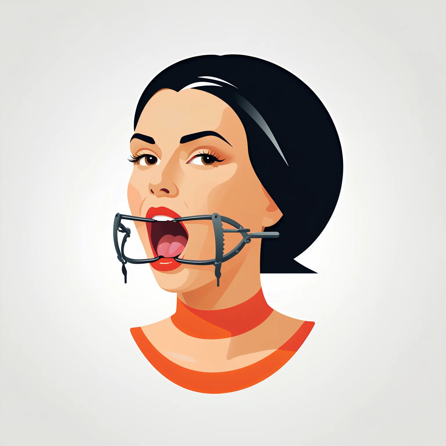 (vector illustration, lineart, stylized art, flat color, logo, icon:1.5), ch, (white background: 1.6), black hair, a beautiful woman, spreadergag, tongue, uvula