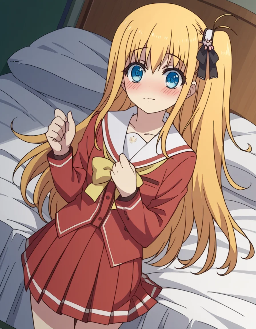 score_9, score_8_up, score_7_up, source_anime,
yusakurobane, <lora:yusa-kurobane-s1-ponyxl-lora-nochekaiser:1>,
yusa kurobane, long hair, blue eyes, blonde hair, hair ornament, ribbon, hair ribbon, one side up, side ponytail,
school uniform, serafuku, long sleeves, red blazer, red skirt, pleated skirt, white sailor collar,
indoors, bed, bed room, on side, blush, drunk,
looking at viewer, cowboy shot, solo, dutch angle,