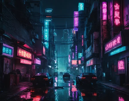 <lora:r0k00g00th:1>,r0k00g00th,r0kur3&l1tyHD. cyberpunk art,, a city street with neon signs and buildings in the background at night time [2]