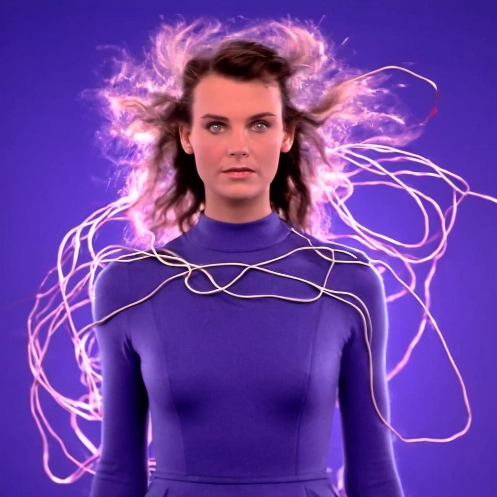 70mm shot on sony analog HDTV camera laserdisc style dorky australian brunette woman in standing in large room with cables on floor like television studio wide shot surrounded by swirling colour and sexy smirking at camera with a little wink. background is 1990s japanese beauty scenes exploding televisions electricity in background in a surreal fashion technology moving into her head cables and wires low contrast super sharp imagery