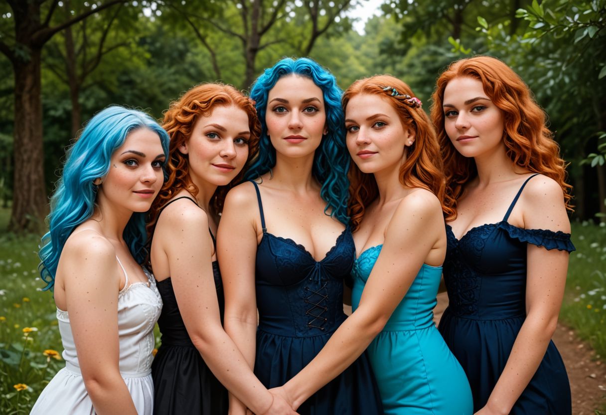 view from behind, turn around, butts, Generate 4 women aged 18-40 years old with breast sizes ranging from A to DD, waist sizes between small and
large, skinny to bbw, butt size ranges between small and big, different hair styles and colors (with highlights
and pink/blue being options), different heights, and cute expressions, raw, photo, realistic, score_9, score_8_up, score_7_up, score_6_up, score_5_up, 4girls, andrea, Anna, Merida, makeup, eyeshadow, freckles, light blue hair, long hair, multicolored hair,  epiCRealism