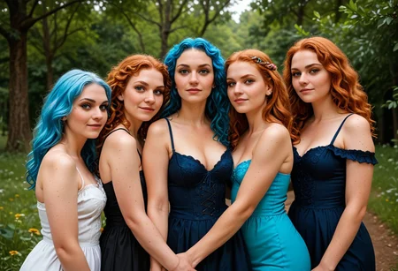 view from behind, turn around, butts, Generate 4 women aged 18-40 years old with breast sizes ranging from A to DD, waist sizes between small and
large, skinny to bbw, butt size ranges between small and big, different hair styles and colors (with highlights
and pink/blue being options), different heights, and cute expressions, raw, photo, realistic, score_9, score_8_up, score_7_up, score_6_up, score_5_up, 4girls, andrea, Anna, Merida, makeup, eyeshadow, freckles, light blue hair, long hair, multicolored hair, epiCRealism