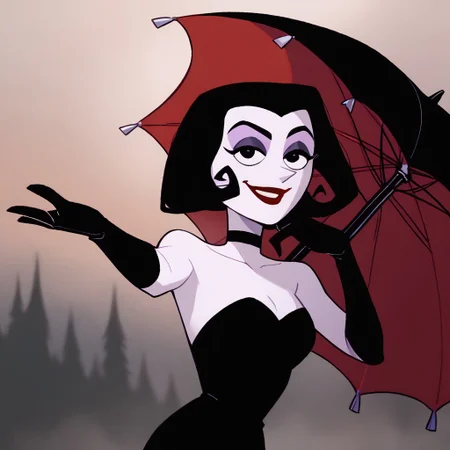 score_9, score_8_up, score_7_up BREAK MalariaG, 1girl, black hair, black eyes, pale skin, purple eyeshadow, red lipstick, black choker, long sleeveless black dress, long black gloves, holding black umbrella, smiling at viewer,