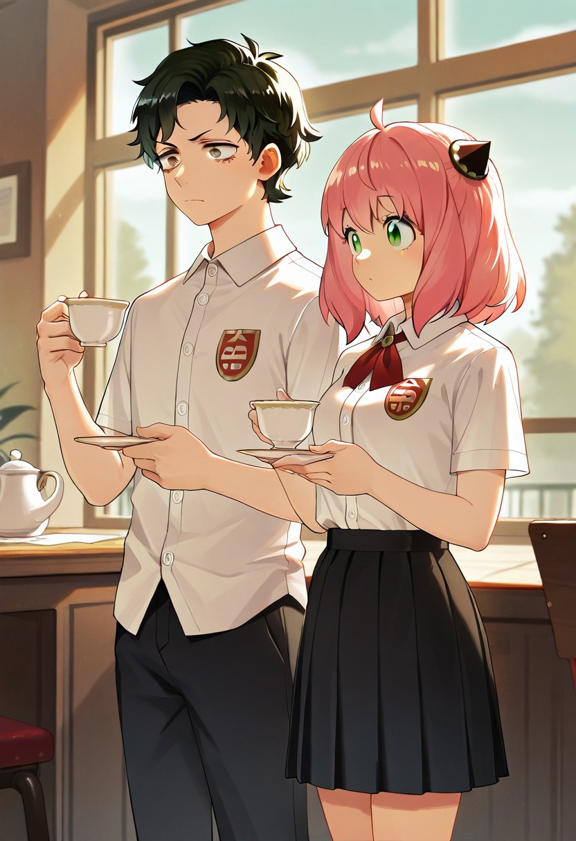 masterpiece,best quality,amazing quality, damian desmond, anya forger, green eyes, pink hair, hairpods, short hair, black hair, brown eyes, 1girl, aged up, 1boy, school uniform, cup, skirt, holding, shirt, black skirt, holding saucer, holding cup, white shirt, pants, black pants, teacup, short sleeves