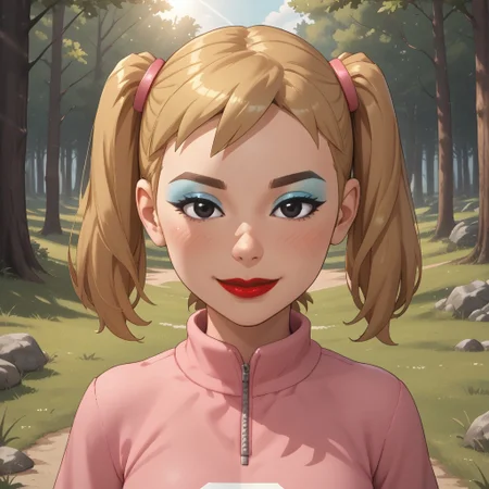 score_9, score_8, BREAK, solo, wii, mii, wii sports, 1girl, female mii, cute, blonde hair, twintails, brown eyebrows, makeup, blush, blue eyeshadow, red lips, lipstick, pink clothing, white pants, shoes, breasts, nintendo mii, modern_mii, classic_mii, Miyuki_(OC_Mii), black eyes, self portrait, smile, outdoors, sunlight, shadows, evening lighting, natural lighting, forest, trees, grass, orange sky, sunset