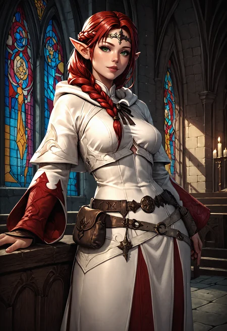 score_9, score_8_up, score_7_up, realistic,1girl, solo, zPDXL3, cowboy shot, church, stained glass, spread arms, indoors, elf, pointy ears, red hair, green eyes, straight hair, very long hair, crown braid, single braid, hair over shoulder,,<lora:White_Mage:.75> white mage, belt, hood, pouch, robe, belt pouch, circlet,
