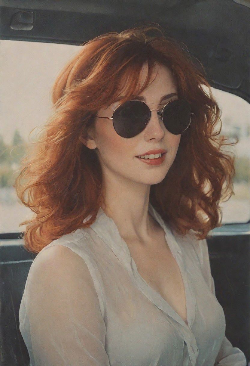 Muse and goddess of cinematic photo photo of a 30yo redhead smiling woman, driving in a convertibal car, long hair flutters in the wind, freckles, sunglasses, bright sunlight, <lora:JuggerCineXL2:1> . 35mm photograph, film, bokeh, professional, 4k, highly detailed, languid, otherworldly color ink drawing by Abigail larson, Egon Schiele, Bill Sienkiewicz, Moebius,black and white,