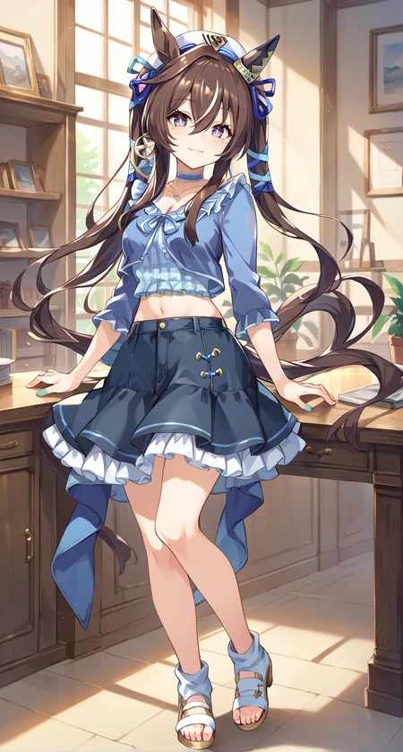score_9,score_8_up,score_7_up,
official art,official style,game cg,megami magazine,
uncensored,
1girl,
vivlos (umamusume),viv casual,
animal ears,beret,black skirt,blue choker,blue ribbon,blue shirt,
brown hair,collarbone,earrings,floating hair,
frilled choker,frilled shirt collar,frilled skirt,frills,
hair between eyes,hair ribbon,hat,head tilt,horse ears,horse girl,
jewelry,long hair,midriff,mole,mole under eye,multicolored hair,
heart necklace,necklace,purple eyes,ribbon,shirt,
standing,full body,
<lora:umamusume_vivlos_pony_v1:1>,