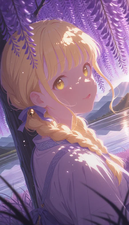 1girl, fujita kotone, gakuen idolmaster, yellow sleepy eyes, yellow hair, twin braids, hair ribbon, :3, skin fang,
((open eyes,parted lips):1.1),
(running)
wearing Ancient Chinese Hanfu, hair bell,
BREAK
(looking at viewer:1.2), looking back seductively,
under tree, branch, (purple wisteria:1.3), bag, (purple grass:1.4), misty lake,
dreamy atmosphere,
QUALITY
(masterpiece, very aesthetic, absurdres),
BREAK
at dusk, haze, (from behind,looking back), dutch angle, portrait, (dappled sunlight:1.3), (sunbeam:1.1), (sunlight from side:1.2), (light rays:1.1), dramatic lighting, (glowing:1.4), (particles:1.2), (blurry background:1.1), (blurry foreground:1.3),  purple shadow, high contrast
<lora:outline_xl_end:-12>, <lora:d\EnvyZoomSliderXL01:1.5>,  <lora:aesthetic_anime_v1s:0.5>, <lora:StS-Illustrious-Detail-Slider-v1.0:1.25>,  <lora:il_brightness_slider_d1:-0.5>, <lora:darkness_xl_v20:0.5>, <lora:Dramatic Lighting SliderIL:3>