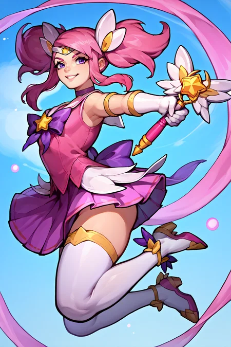 score_9, score_8_up, score_7_up, score_6_up, source_anime, 1girl, solo, <lora:lux-pdxl-nvwls-v1-000005:1> sglux, pink hair, purple eyes, twintails, hair ornament, tiara, choker, magical girl, sailor collar, pink tunic, bow, purple miniskirt, white thighhighs, white gloves, elbow gloves, dynamic pose, jumping, from side, flying, serious, smile, blue sky, holding wand, looking at you