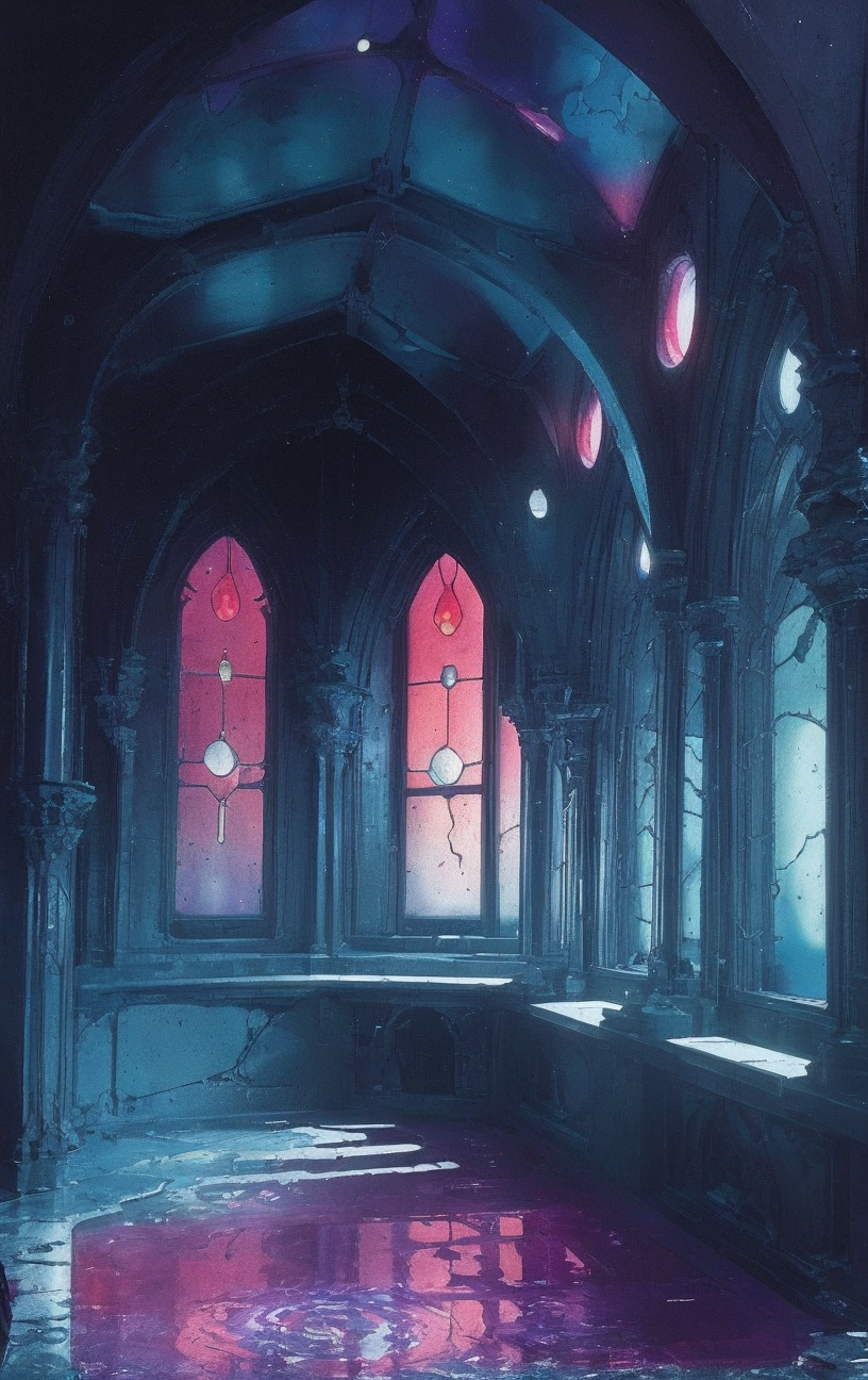 artwork <lora:Moebius:1>, gothic architecture, nebula,reflection on puddle,star,louvered window BREAK modern decor,petrochemical,cytotoxic,melt, color grading
