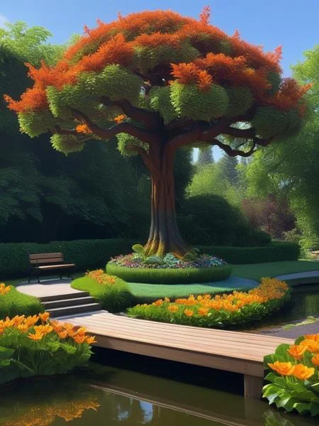 <lora:06NatureArt_Hap_XL:1>, Albert Bierstadt style, Mystical tree on raised platforms,on either side of pathway,at rear of tree 2 additionalpaths leading up towards a planetarium with abundance of flowers and trees,floating on the 1 side an aviary of birds, 🦋, at the bottoms elf and dwarf, green frogs on lilypads, �﷿♀️ swinging in the tree, centered, symmetry, painted, intricate, volumetric lighting, beautiful, rich deep colors masterpiece, sharp focus, ultra detailed, in the style of dan mumford and marc simonetti, astrophotography,