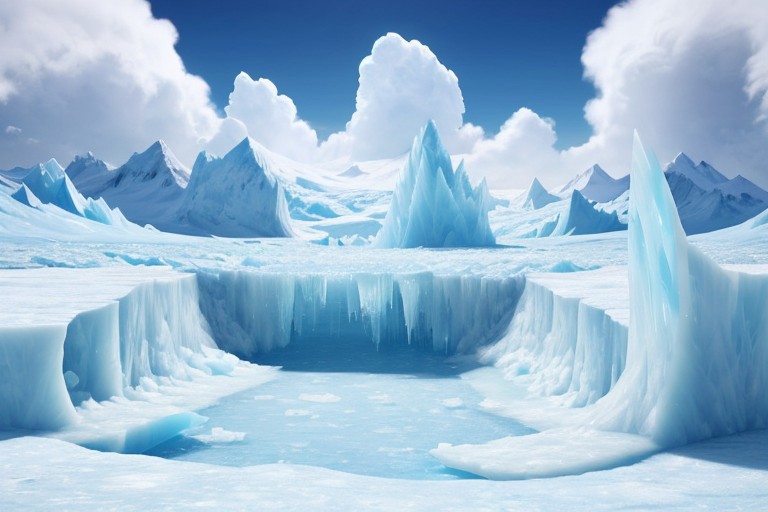 overlooking frosty mountain tops, icy glaciers, frost dripping clouds, on an exotic planet, ice is white and blue, cloud frost is white and blue, mountain dirt is red