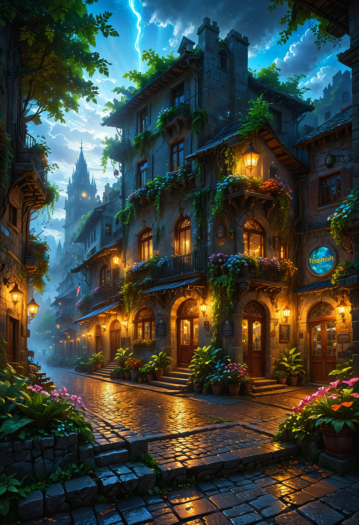 Bustling future harbor city street scene (summer night scene): "Generate a realistic and stunning leisure open-air cafe landscape, the scene should have the charm of the fusion of architecture and nature. Dusk, thick fog, starry sky, charming colorful clouds, beautiful royal garden plants, gorgeous flowers, cobblestone pavement, natural stone steps, sunlight shining through dense ancient towering trees on the cobblestone streets, the falling leaves in the sky seem to dance in the air, and a mysterious (stately) house from the Viking era. The old stone and wood structure house and technological lighting are particularly charming, reflecting the fusion of cyberpunk and art punk imagery.   <lora:SDXLFaeTastic2400:0.4>
<lora:Vivid Midjourney mimic - XL SDXL v2.0:0.5>  <lora:detailed_notrigger:0.6> <lora:zavy-cntrst-sdxl:0.7>