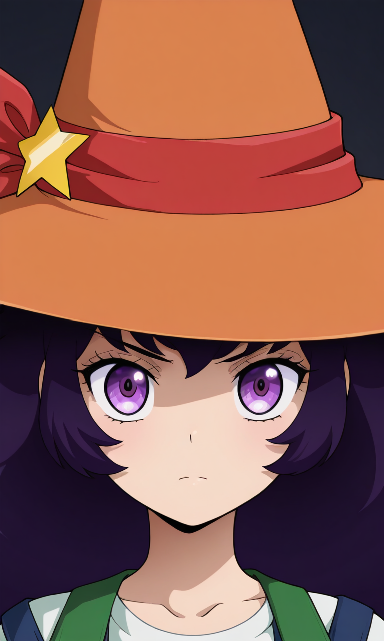 1girl, solo,rovian, purple hair, long hair, purple eyes,witch hat, star hat ornament, red hat ribbon, white t-shirt, blue overalls, green coat, portrait, looking at viewer, masterpiece,best quality,amazing quality,very aesthetic,absurdres,newest,