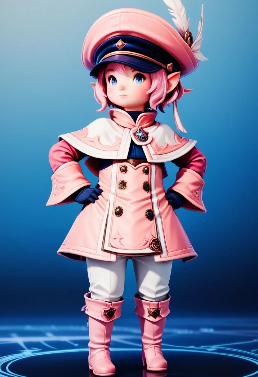 LalaTater, Lalafell, 1girl, blue eyes, boots, capelet, closed mouth, full body, gloves, hands on hips, hat, long sleeves, pink footwear, pink hair, short hair, standing, chibi, puntable BREAK PonyXLV6_Scores