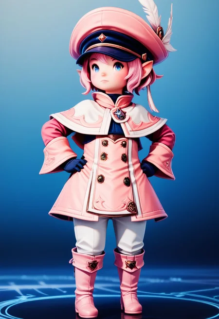 LalaTater, Lalafell, 1girl, blue eyes, boots, capelet, closed mouth, full body, gloves, hands on hips, hat, long sleeves, pink footwear, pink hair, short hair, standing, chibi, puntable BREAK PonyXLV6_Scores
