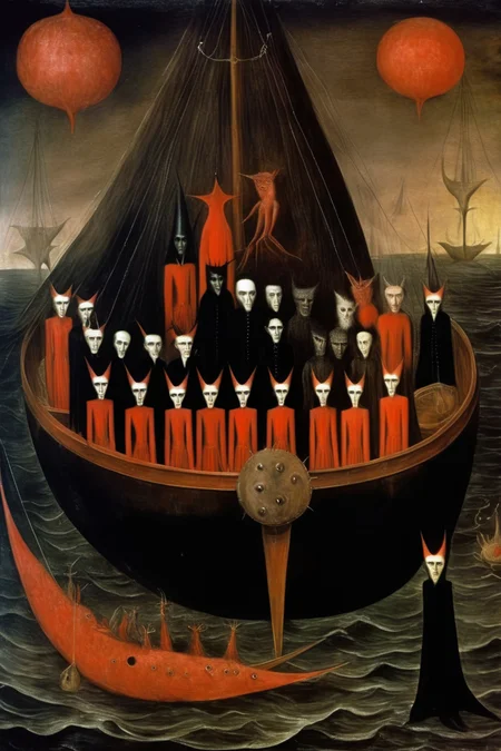 <lora:Leonora Carrington Style:1>Leonora Carrington Style - A painting by Leonora Carrington, of the Voyage of Mael Duin. 21 human sailors. Fantastic creatures.