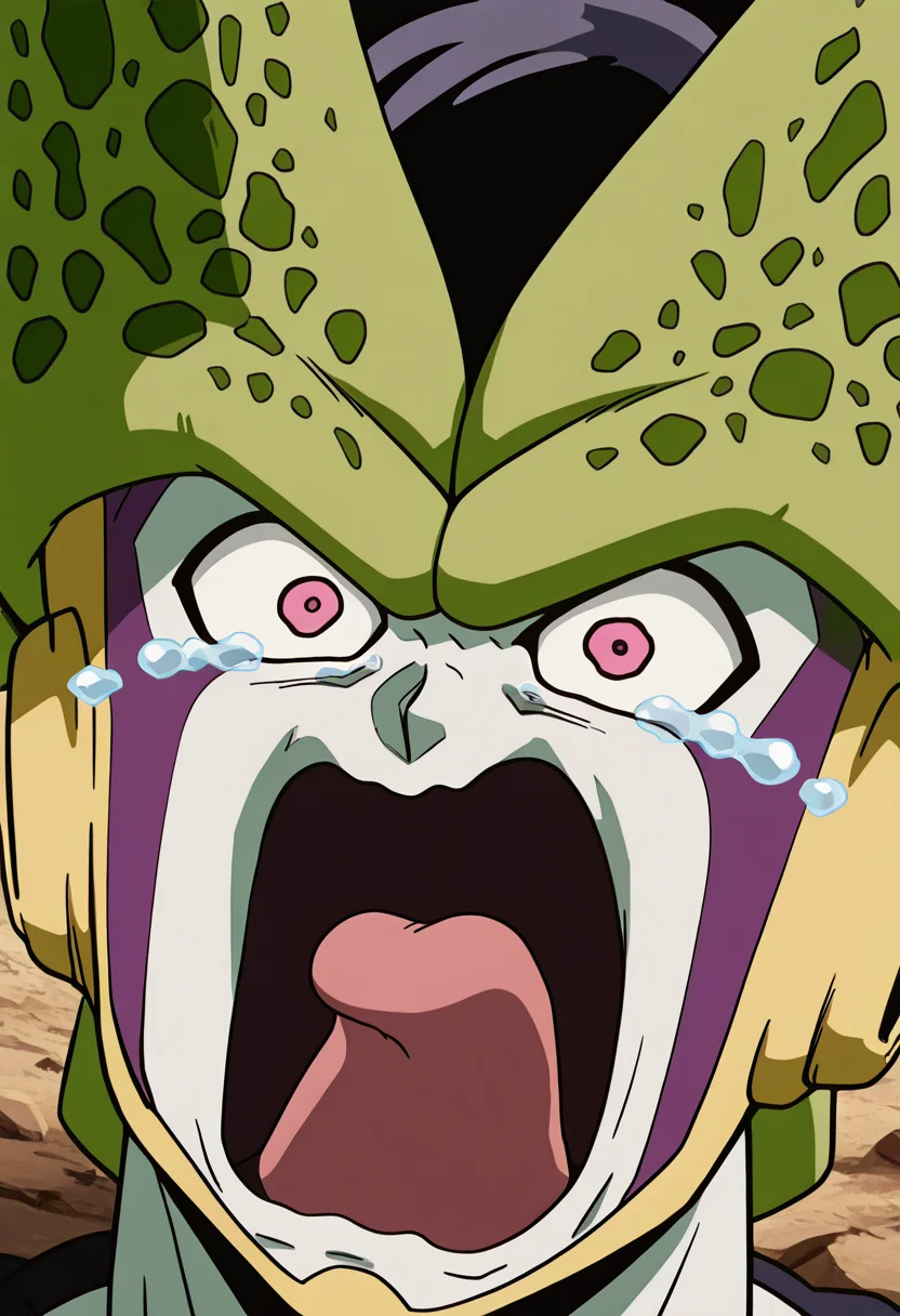 masterpiece, best quality, 1boy, solo, looking at viewer, zzCell, pink eyes, colored skin, green skin, <lora:CellPerfectDB_IXL:1.0>, <lora:crying-aqua-illustriousxl-lora-nochekaiser:1.0> crying aqua, crying aqua (meme), screaming, crying, crying with eyes open, tears, tongue, open mouth,