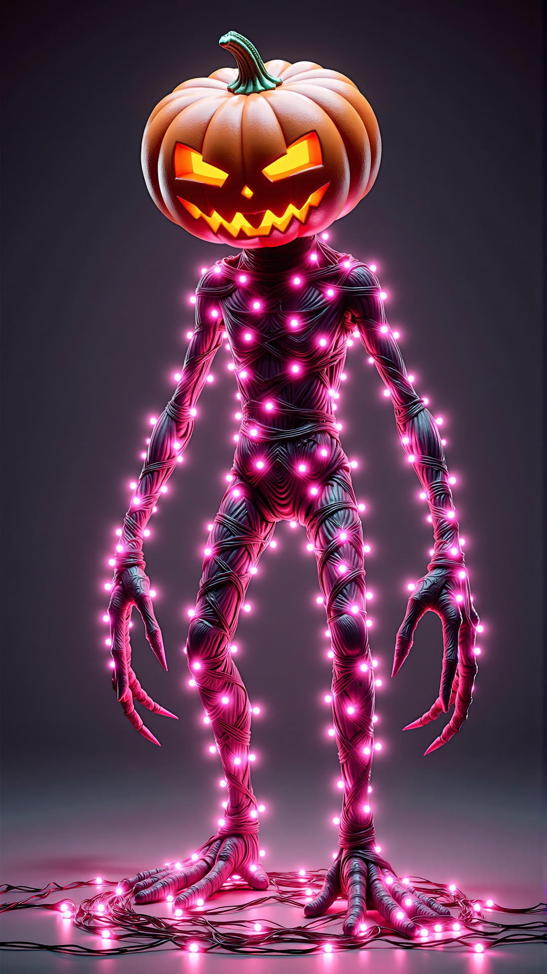 A concept art of of a ChristmasLightsStyle a monster pumpkin head + tall thin body, long legs and arms, long claws + glowing eyes ::10 evil + trending on artstation, cgsociety, concept art, digital art, ultra HD, 4k, 8k, spooky. Covered in Light Pink christmas lights, tangled wires all wrapped up
<lora:ChristmasLightsStyleFlux:0.8>