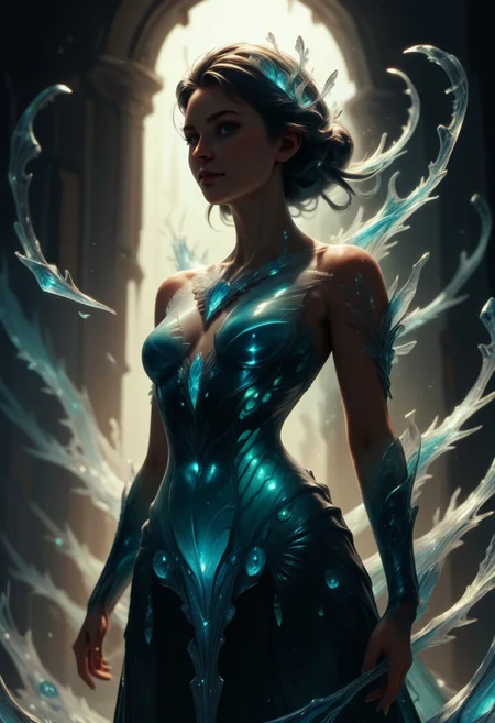 score_9, score_8_up, score_7_up, score_6_up, score_5_up, score_4_up, a woman made out of Jed-Blmicry , body shot, Style-Volumetric, bioluminiscence, lit from bottom