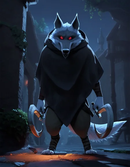 score_9, score_8_up, score_7_up, score_6_up, BREAK source_furry, dw, 1boy, anthro gray wolf, solo, two tone fur, detailed red eyes, cape, hood, hand bandages, holding, (dual weapon:1.2), full body, upper body, night, tail, detailed fur<lora:Death_wolf:0.9>