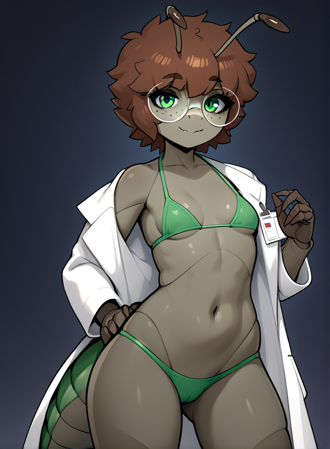 score_9, score_8_up, score_7_up, score_4_up, score_5_up, score_6_up,<lora:Bug_Girl:0.5>, arthropod girl, arthropod limbs, ((tail)), feelers, joints, <lora:Arthropod_Abdomen_V3:0.3> anthropomorphic insect, arthropod abdomen, brown hair, green eyes, freckles, body freckles, (navel),  petite, small breasts, colored skin, dark background, looking at viewer
skindentation, open lab coat, glasses, dark green bikini, dark green bikini top, dark green bikini bottom,
(light smile, ),
standing, cowboy shot,