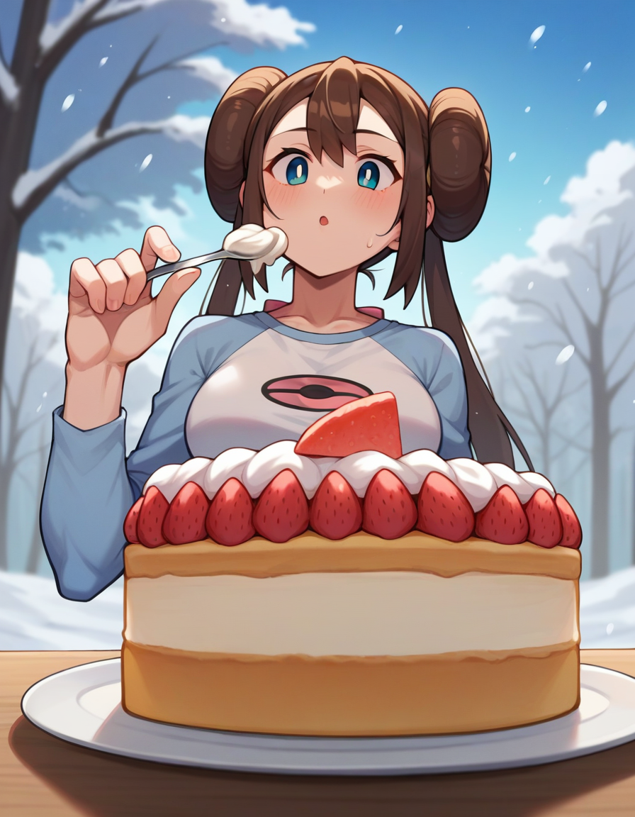 score_9, score_8_up, score_7_up,  BREAK ,  1girl,     rosa_\(pokemon\), brown hair ,  solo, upper body,  plate , cake slice, whipped cream, strawberry, holding spoon , table , looking down,from below ,     outdoors,  snow,  snowing,