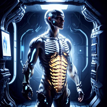 a cyborg with glowing spine and ribs in a post human space station
