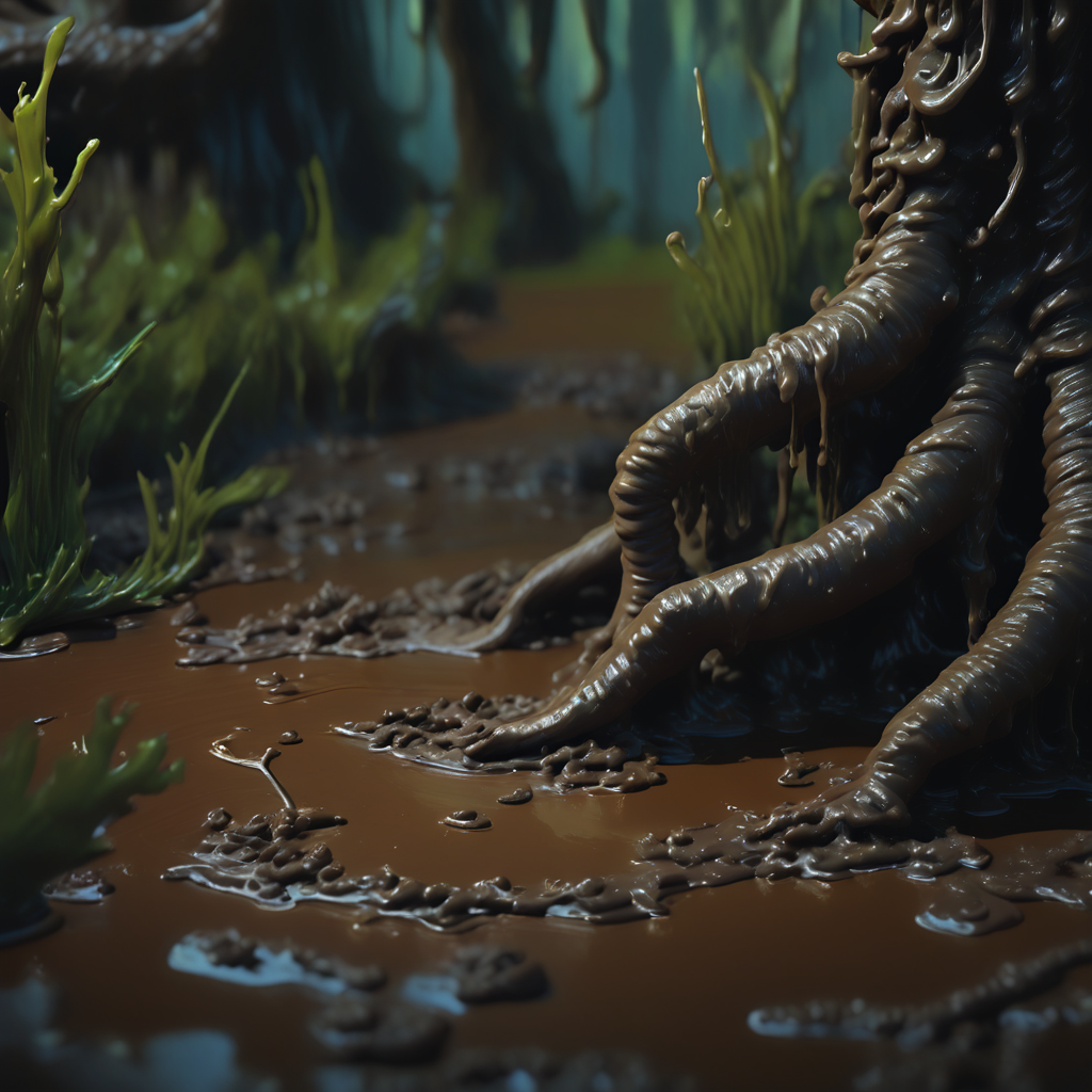 <lora:Chocoslime_DX_V9_-_Pony_Realism_v2.2:1>, score_9, score_8, score_7, chocoslime, chocoslimeswamp, chslswamp, swamp, chocolate swamp, (a horse:1.5), trees, grass, leaf, earth, brown water, 4K, UHD image, oustanding art, high quality, rich details, background blurred