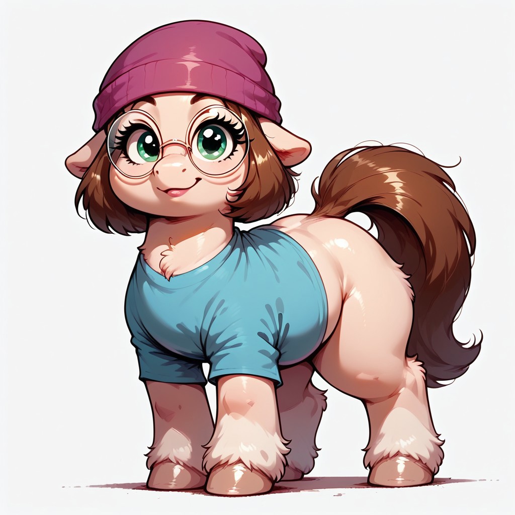 rating_questionable, score_9, score_8_up, score_7_up, ( pony:1.3), feral, Meg, looking at viewer, brown hair, round glasses, chubby, nerdy, clothed, cute pose, dynamic pose, full body, thighs, eyelashes, green eyes, tshirt,  beanie, detailed, realistic, BREAK, zPDXL3, MegaFluffyPony, fluffy, shiny