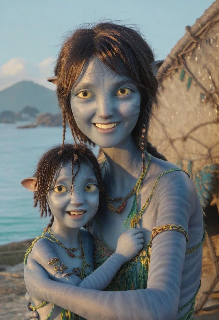 older sister (Kiri) is (taking selfie) while hugging little (Tuk), holding the camera with her hand, closeup, detailed faces, happy playful smiles, ((big eyes wide open)), (((two different))) girls, (((((age difference))))), (tribal huts) and sea with (((high))) surf on background, nipples (covered by necklace strings and pieces), SK_CINEMATIC