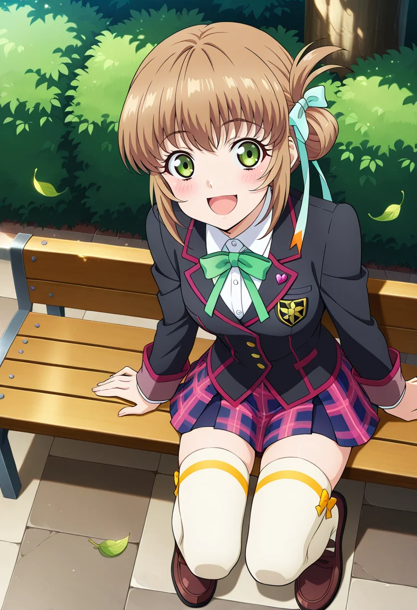 school, outdoor, trees, floating leaves,
BREAK,
sitting, open smile, looking at viewer, blush,
full body, from above,
dynamic angle,
BREAK,
<lora:leiax2_illustriousXL_v01:0.9>
leiarnd, leiajk, brown hair, green eyes, short hair, hair tie, sidelocks, ribbon tie,
school uniform, black jacket, long sleeves, pleated skirt, plaid skirt,
white thigh highs, loafers,, source_anime, very aesthetic, anime coloring, masterpiece,
best quality, amazing quality, ultra detailed, very aesthetic,
detailed background,
BREAK,