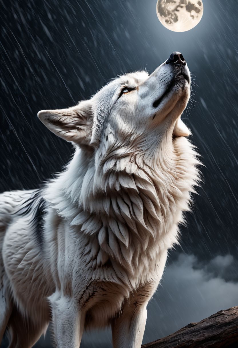 white and black wolf, sad, determined. lonely wolf, abandoned by his friends, crying or help, ((((tears in his eyes)))), looking at his friends from far away, (((howling))), extremely sad composition, masterpiece,  white fur, Royal, in a heavy rain, full moon, it's head is down, Photorealistic, volumetric shading, Hyperdetailed, perfect composition, beautiful detailed, 8k artistic photography, volumetric cinematic perfect light, award - winning photograph,
