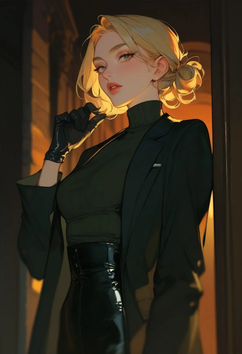 score_9, score_8_up, score_7_up, score_6_up, score_5_up, score_4_up,1girl, turtleneck sweater, black sweater, pale skin, semi-realism, medium breasts, tight clothes, dark narrow corridor, black latex gloves, formal suit, black suits, blonde hair, great artist, 8k, black formal jacket, shadows, cinematic scene, depth of field, long eyelashes, sharp eyebrows,