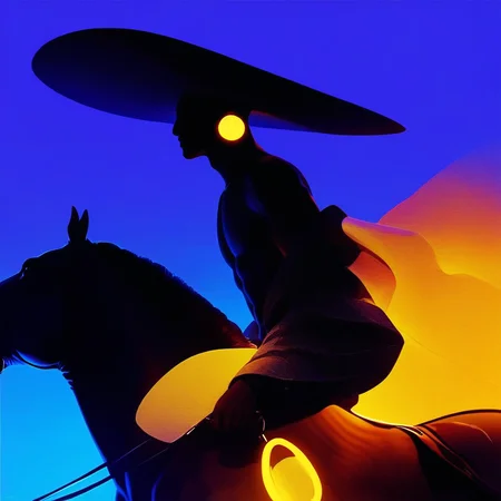 aaAR7fl,score_9,score_8_up,score_7_up,best aesthetic, intriguing details, surrealism,Dolce & Gabba fashion campaign, haute couture,1boy, solo, black sport bodysuits, off shoulders, yellow glowing earrings, wide brim hat, riding a horse, profile, blue gradient background, muscular,