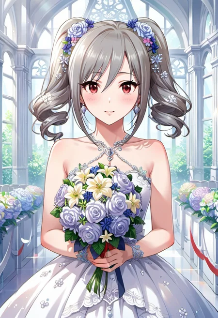 score_9, score_8_up, score_7_up, source_anime, kanzaki ranko, grey hair, red eyes, 1girl, bouquet, flower, wedding dress, dress, solo, twintails, drill hair, jewelry, hair ornament, earrings, hair flower