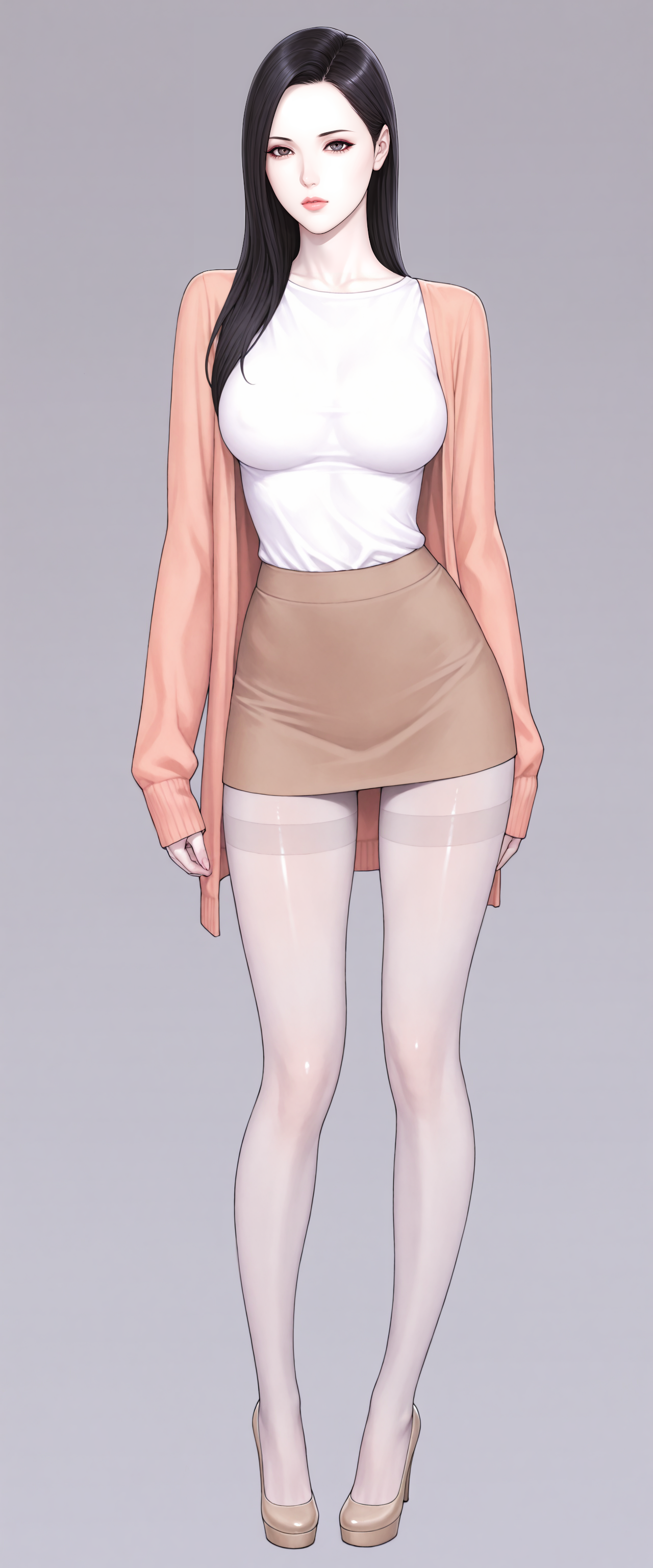 masterpiece,  best quality,
[[photorealistic,  realistic]],
1girl, solo, solo focus,
full body,
pale skin,  shiny skin,  white skin,
novel illustration, colorful,
simple background
ADDCOMM
very aesthetic, absurdres, newest, (detailed skin:1.2), highres, high contrast,
<lora:add-detail-xl:0.5>,
<lora:noob-skin texture-V2:0.3>,
<lora:izayoi_seishin_IL:0.3>,
<lora:oda-non_illu:0.35>,
<lora:odanonforill:0.35>,
(thin, skinny, slim body, slim figure, petite),
<lora:Body Type_alpha1.0_rank4_noxattn_last:2.0>,
<lora:Skin Color_alpha1.0_rank4_noxattn_250steps:-1.2>,
<lora:age_slider_v4:0.5>
ADDBASE
(black eyes),
mature, milf, aged up,
expressionless,  frown,
black hair,  straight hair,  parted hair
ADDROW
medium  breasts,  round breasts, breasts together,
collarbone,
<lora:round_breasts-IL-1.0:0.35>,
narrow waist, wide hips,
((oversized black open cardigan)), scoop neck t-shirt,
brown miniskirt,  shirt tucked in,
legs apart,
light grey thighband pantyhose,
stiletto heels,  pumps, tiptoes,  platform heels,