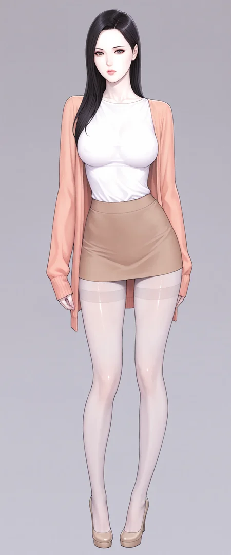 masterpiece,  best quality,
[[photorealistic,  realistic]],
1girl, solo, solo focus,
full body,
pale skin,  shiny skin,  white skin,
novel illustration, colorful,
simple background
ADDCOMM
very aesthetic, absurdres, newest, (detailed skin:1.2), highres, high contrast,
<lora:add-detail-xl:0.5>,
<lora:noob-skin texture-V2:0.3>,
<lora:izayoi_seishin_IL:0.3>,
<lora:oda-non_illu:0.35>,
<lora:odanonforill:0.35>,
(thin, skinny, slim body, slim figure, petite),
<lora:Body Type_alpha1.0_rank4_noxattn_last:2.0>,
<lora:Skin Color_alpha1.0_rank4_noxattn_250steps:-1.2>,
<lora:age_slider_v4:0.5>
ADDBASE
(black eyes),
mature, milf, aged up,
expressionless,  frown,
black hair,  straight hair,  parted hair
ADDROW
medium  breasts,  round breasts, breasts together,
collarbone,
<lora:round_breasts-IL-1.0:0.35>,
narrow waist, wide hips,
((oversized black open cardigan)), scoop neck t-shirt,
brown miniskirt,  shirt tucked in,
legs apart,
light grey thighband pantyhose,
stiletto heels,  pumps, tiptoes,  platform heels,