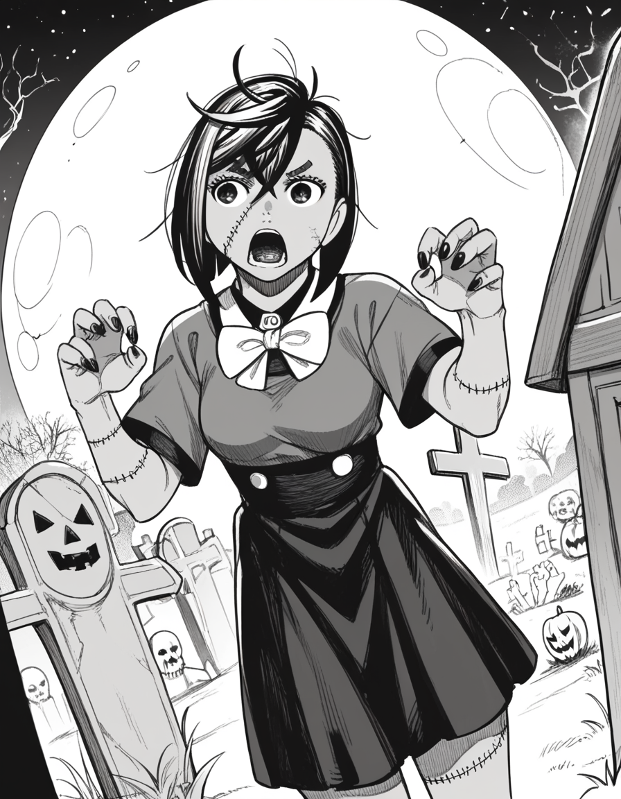 score_9, score_8_up, score_7_up, source_anime, <lora:momo-ayase-manga-ponyxl-lora-nochekaiser:1>, momo ayase, short hair, bangs, thick eyebrows, monochrome, greyscale, medium breasts,, <lora:zombie-ponyxl-lora-nochekaiser:1>, zombie, colored skin, stitches, grey skin, multicolored skin, stitched face, zombie pose, halloween, halloween costume,, night, moon, graveyard, tombstone, grave, open mouth, , dutch angle, cowboy shot